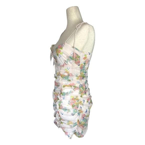 For Love and Lemons Serafine Floral Lace Up Sequin Ruched Ruffle Mini Dress - Picture 3 of 9